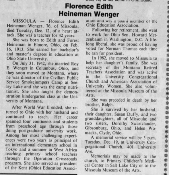 Heineman, Florence obituary 13 Dec 1989
